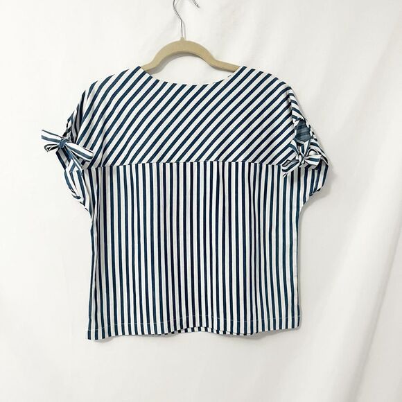 🟢Mo:vint Blue White Striped Tie Short Sleeve Top Size S - Picture 3 of 8